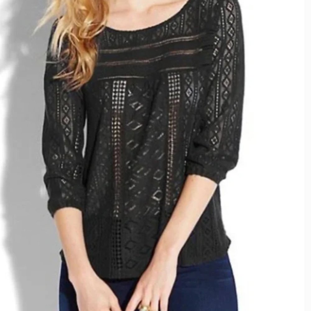 Lucky Brand Black Blouse Women's Pullover Crochet Lace Top
